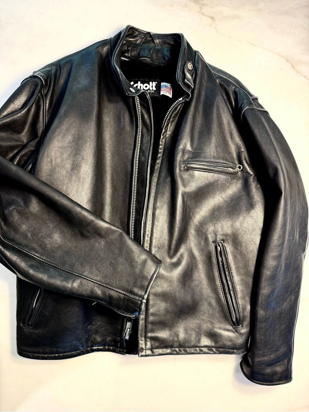 Schott Black Leather Bomber Jacket - Men's Classic Moto Style